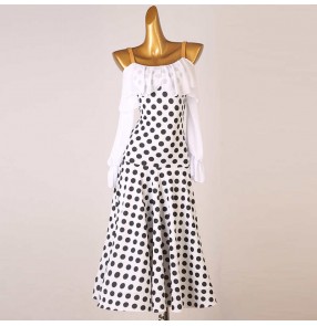 Custom size black with white polka dot competition ballroom dance dresses for women girls kids children waltz tango rhythm performance skirts